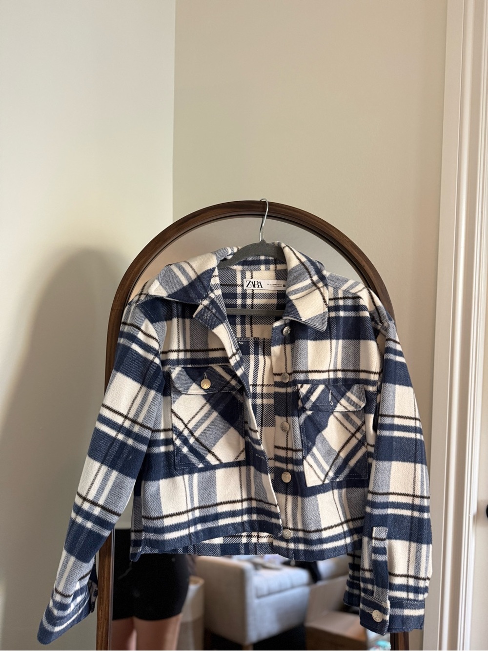 Zara Blue and White Cropped Plaid Overshirt
